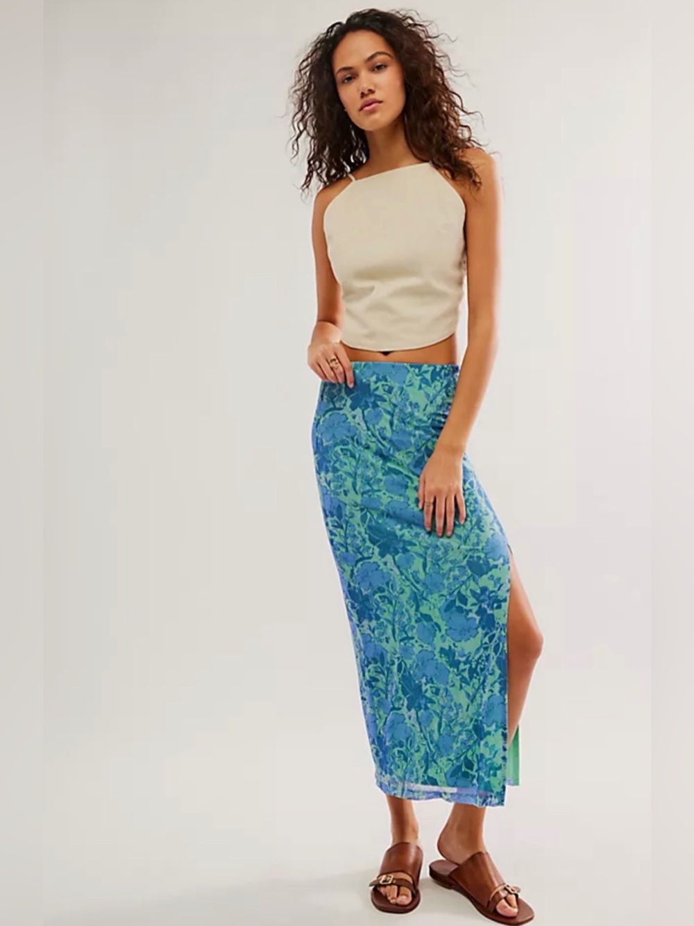 NWT Free People Rosalie Mesh Midi Skirt Teal Combo Floral Slit S